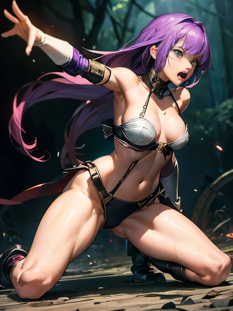 Highest quality、Realistic、Battle of Despair、Beautiful woman with very long purple hair、White Armor(Small breasts、Exposing breasts、Off the shoulder、Sleeveless、No elbow pads、belly button、High Leg、Exposed thighs)、White Armorのブーツ、Tears overflow、Frightened expression、scream、run away、Attacked by mutants 1:5、Many violent mutants 1:5、Mutant Holding Arms、Mutant attacks from behind、Mutant grabs leg、Mutant Swarm 1:5、darkness、Different world、Dark fantasy、Pitch Black Hell