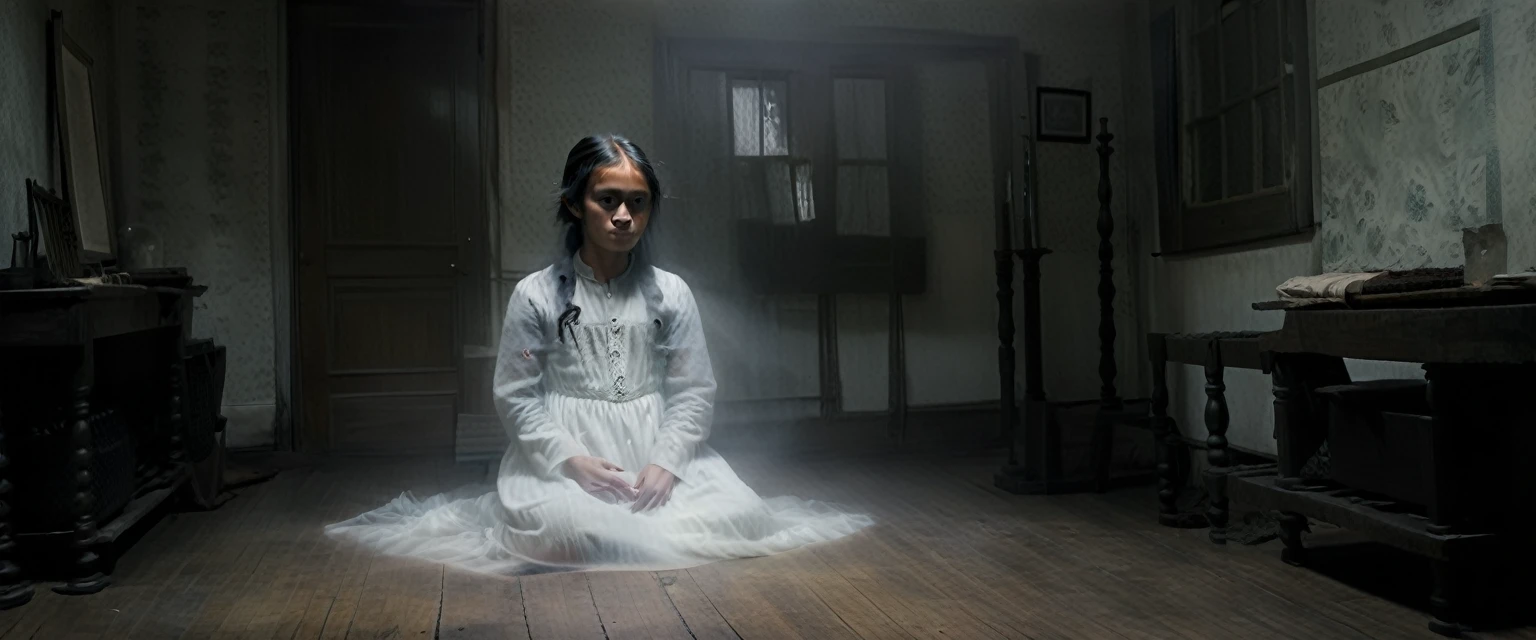 A young male Indonesian student, about 23 years old, sits frozen in fear on his bed in a dimly lit bedroom in an old Dutch colonial house at night. In front of the door stands the ghost of Maria, a frightening figure with long, messy hair, a pale and gaunt face, sunken eyes, and a tattered vintage white dress. Maria, beautiful in appearance and of Dutch descent, had red blood flowing from her eyes. A room filled with eerie shadows, a gloomy, foggy and smoky atmosphere adds to the tense and scary atmosphere. (masterpiece, 8K, super realistic, full body, one shoot, super details, super focus, mystic, mysterious)