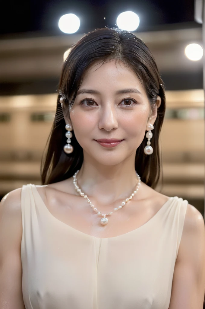 (((Very realistic front-on shots by professional photographers、A close-up American shot of an actress facing the camera, very Seductive pose, 32k, 7 heads、looking at viewer, Staring Intently :1.8))),(((A pure white, extremely thin fabric business short-sleeved open-neck shirt with a wide V-neck, Soaking wet、She is looking straight at the camera with a very shy look on her face.。light makeup、Very simple and very modest pearl necklace and earrings:1.4)))。((Highest quality)), ((masterpiece)), (((detailed))), (midnight ,A modern train station platform in Tokyo on a dark, pouring, stormy night, Low Key Lighting:1.6)、(((A very beautiful, extremely elegant and intelligent 39-year-old Japanese woman。Very intelligent, with a goddess-like face and figure。An extremely elegant, calm and modest smile, Being drunk、My eyes are quite watery、I'm very horny、embarrassed ,blush, Curvy Body、Extremely realistic, detailed and beautiful facial depictions:1.9)))、(((A short, well-groomed, shiny black haircut。The skin is white and very smooth。A very hot rainy summer night、I'm pretty sweaty、My clothes were soaking wet and transparent、When wet, it sticks perfectly to your skin, revealing your beautiful body lines.、Through the extremely thin fabric, her skin and her navy blue, lacy, high-end underwear are clearly visible.:1.9)))。(((A simple and elegant business pencil skirt in a plain navy blue knee-length,The clothes fit the body very well:1.8))), (Healthy Body、The line of the chest, collarbone and décolletage are extremely beautiful.:1.9)。(((large&good hips、large&nice chests )))