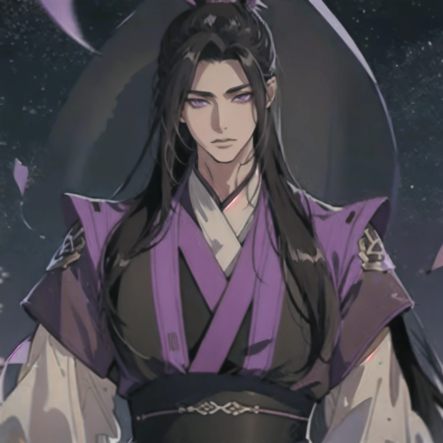 (masterpiece, best quality:1.2), 1male, solo, jiang cheng, mo dao zu shi, mdzs, purple and black clothes, purple eyes, long black hair, perfect anatomy
