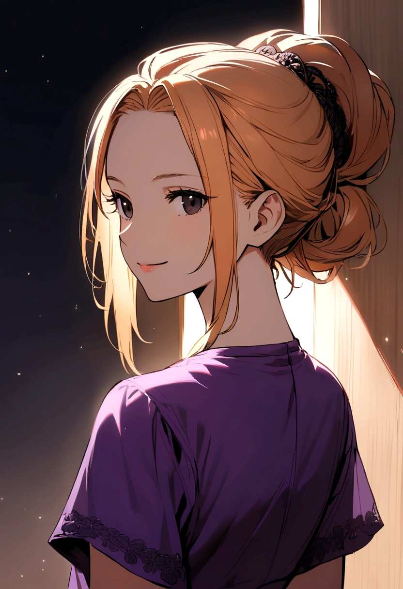 Girl with light orange hair, tied back, no bangs, black eyes, gray glasses, purple t-shirt, sly smile