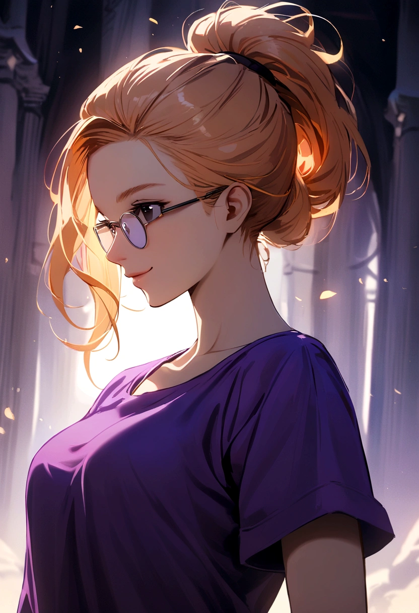 Girl with light orange hair, tied back, no bangs, black eyes, gray glasses, purple t-shirt, sly smile