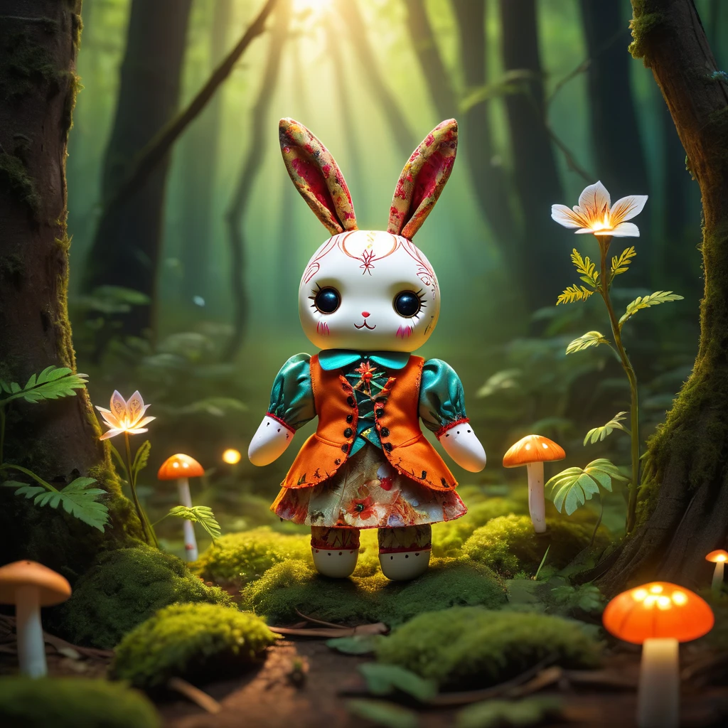 (Voodoo doll toy:1.9), (Voodoo rabbit:1.2), (in a forest clearing:1.3), (Clothing: small vest with glowing leaf patterns:1.0), (Accessories: enchanted carrot emitting sparks of natural magic, spectral mushrooms floating in the air:1.1), (background: serene forest clearing with floating flowers, glowing sunlight and spectral woodland creatures:1.2), best quality, masterpiece, detailed soft oil painting, detailed background, dramatic cinematic lighting, soft edge lighting, professional, dramatic lighting, hard edge lighting, ultra quality, 4k,masterpiece, best quality, 8k, ultra highres, highres, extremely detailed