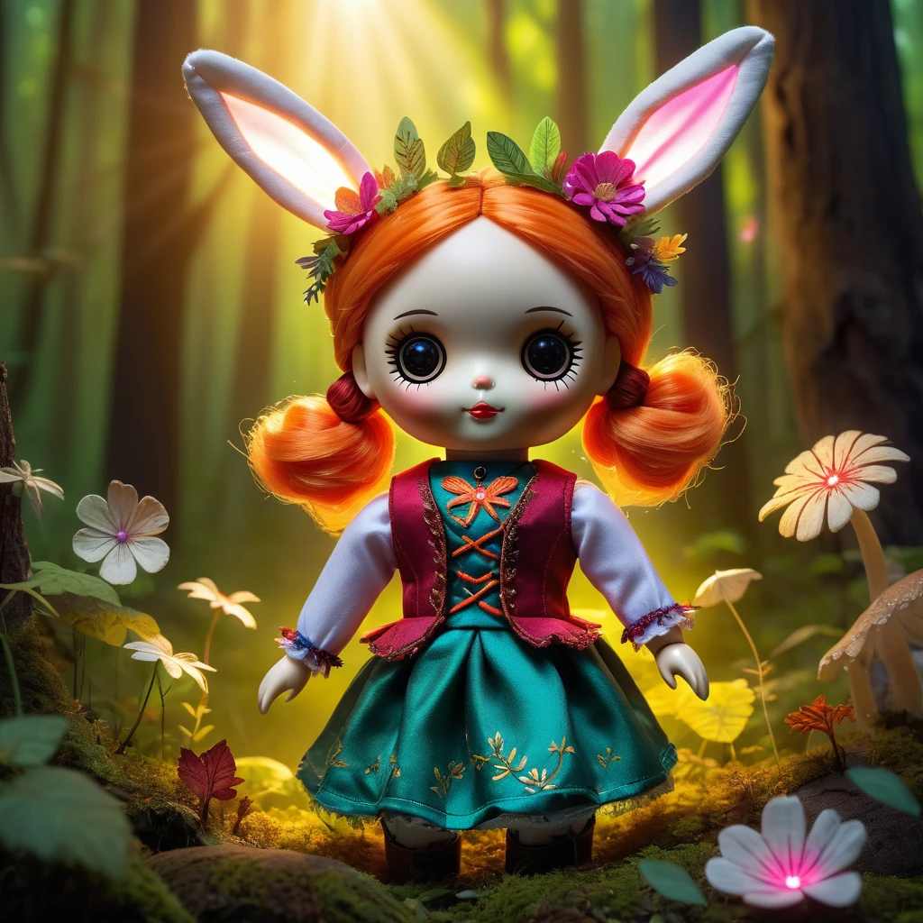 (Voodoo doll toy:1.9), (Voodoo rabbit:1.2), (in a forest clearing:1.3), (Clothing: small vest with glowing leaf patterns:1.0), (Accessories: enchanted carrot emitting sparks of natural magic, spectral mushrooms floating in the air:1.1), (background: serene forest clearing with floating flowers, glowing sunlight and spectral woodland creatures:1.2), best quality, masterpiece, detailed soft oil painting, detailed background, dramatic cinematic lighting, soft edge lighting, professional, dramatic lighting, hard edge lighting, ultra quality, 4k,masterpiece, best quality, 8k, ultra highres, highres, extremely detailed