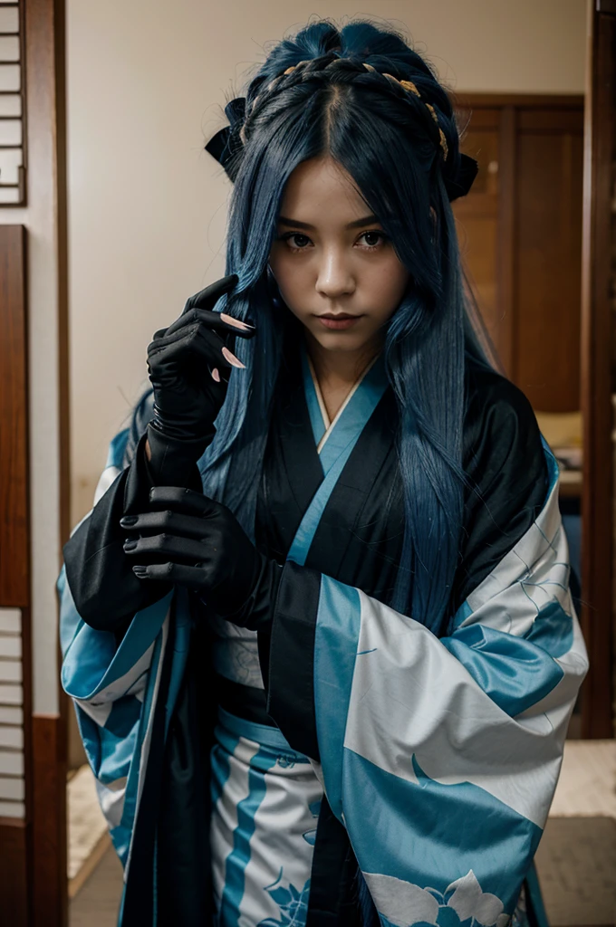 Girl with long blue hair, use kimono, black gloves