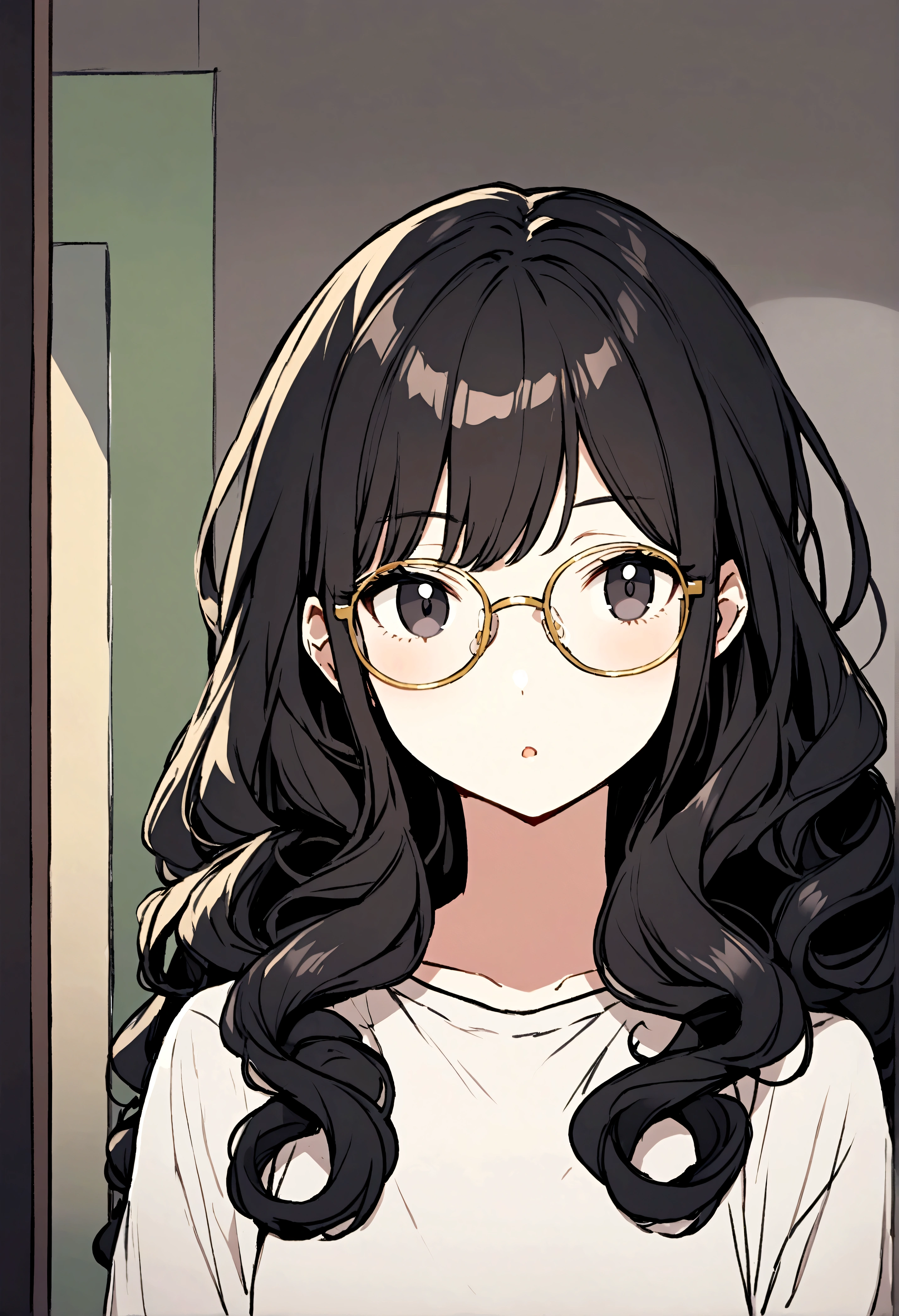 Black hair girl, Long curly hair, No bangs, Gold-rimmed glasses, black eyes, T 恤