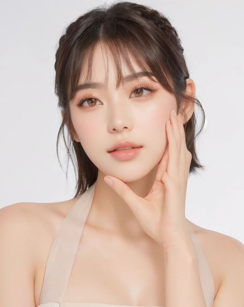 ((Best Quality, 8K, Masterpiece, : 1.3)), Sharp, Sharp, Beauty: 1.2, Perfect Body Beauty: 1.4, Slim Abs: 1.2, ((Layered Hairstyle, Big: 1.2)), Highly Detailed Face and Skin Texture, Detailed Eyes, looking at the camera, cute pink tone makeup, stunning, gorgeous, slight smile, clear eyes, blink eyes, korean glow makeup style