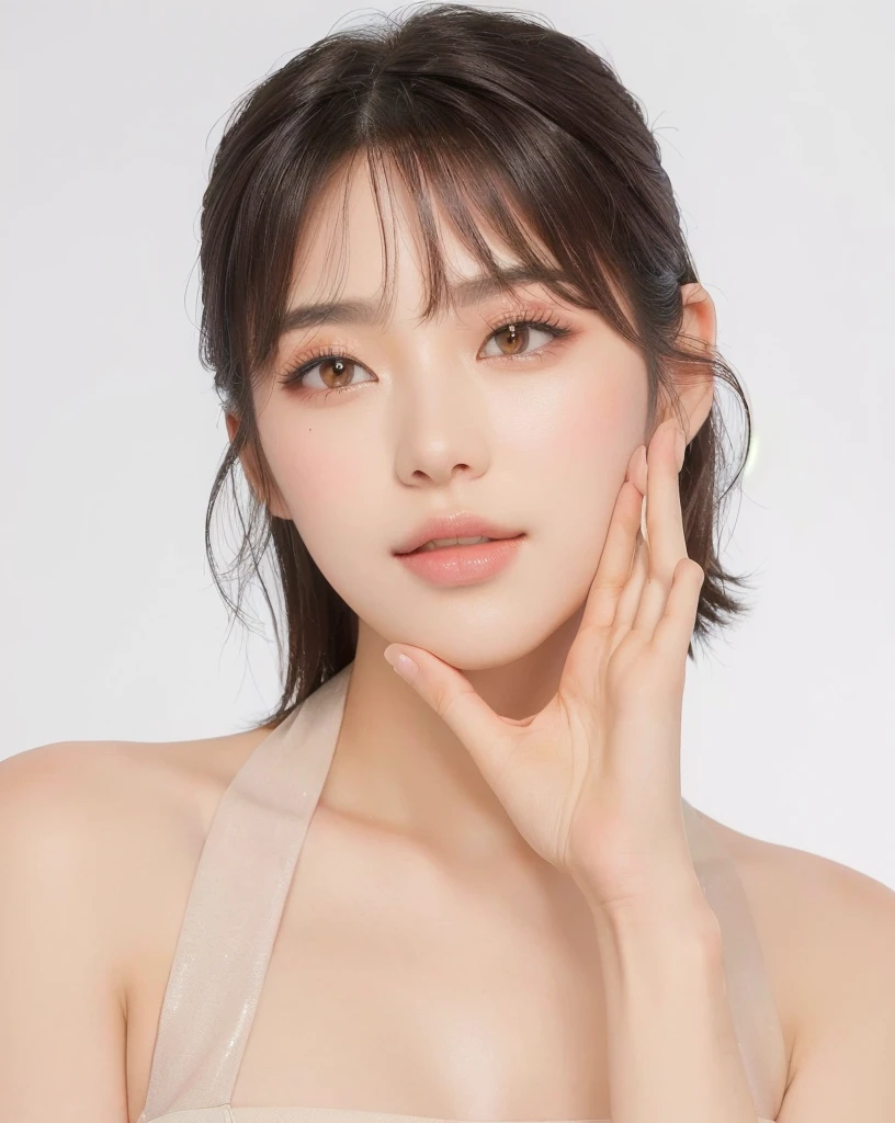 ((Best Quality, 8K, Masterpiece, : 1.3)), Sharp, Sharp, Beauty: 1.2, Perfect Body Beauty: 1.4, Slim Abs: 1.2, ((Layered Hairstyle, Big: 1.2)), Highly Detailed Face and Skin Texture, Detailed Eyes, looking at the camera, cute pink tone makeup, stunning, gorgeous, slight smile, clear eyes, blink eyes, korean glow makeup style