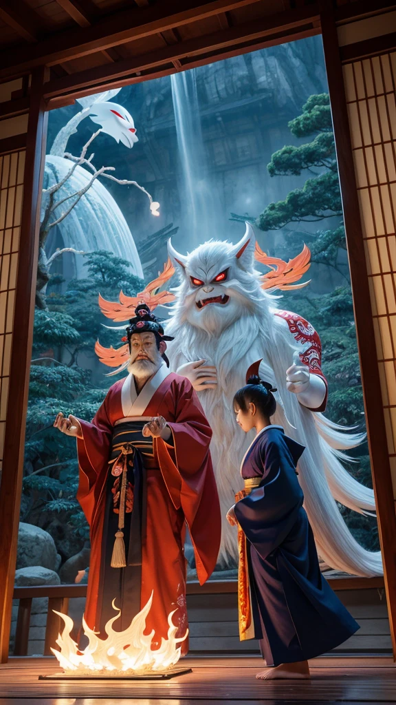プロンプト: A wide shot of the ship's deck, filled with iconic yokai: a towering red Oni wielding a kanabo, a Tengu with a long, sharp beak, a mischievous Kappa with a water-filled bowl on its head, a beautiful Yuki-Onna radiating a chilling aura, Ibaraki Doji with a newly regenerated arm, a menacing Ittan-momen, a one-legged Karakasa-obake, a cunning nine-tailed Kitsune, and many others. In the center, stands "ぬらりひょん", a calm and wise figure with a long, white beard and a mischievous twinkle in his eyes, wearing a traditional blue kimono. High resolution, 9:16 aspect ratio, showcasing the diversity and power of Hyakki Yagyo.