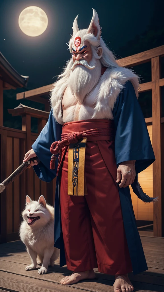 プロンプト: A wide shot of the ship's deck, filled with iconic yokai: a towering red Oni wielding a kanabo, a Tengu with a long, sharp beak, a mischievous Kappa with a water-filled bowl on its head, a beautiful Yuki-Onna radiating a chilling aura, Ibaraki Doji with a newly regenerated arm, a menacing Ittan-momen, a one-legged Karakasa-obake, a cunning nine-tailed Kitsune, and many others. In the center, stands "ぬらりひょん", a calm and wise figure with a long, white beard and a mischievous twinkle in his eyes, wearing a traditional blue kimono. High resolution, 9:16 aspect ratio, showcasing the diversity and power of Hyakki Yagyo.