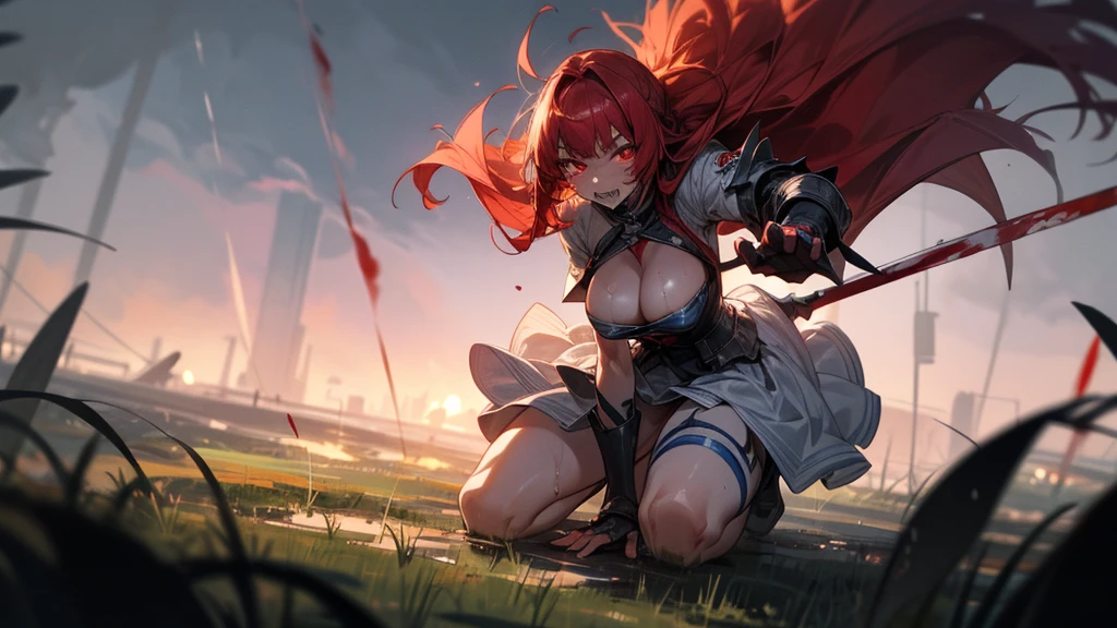 weird atmosphere, (best quality:1.1), (masterpiece:1.2), high quality shadow, beautiful detailed, (high detailed skin, skin details), (wide landscape, 8k), depth of field, highres, best illumination, (sexy), outdoors, blurry background, HD hair, beautiful face, perfect skin, red hair, long hair, (big breasts), blood particles, (night), sharp teeth, glowing red eyes, blood on face, blood on clothes, blood splashing, female knight kneel in the war fields, white dress, leavage, stocking, high heels, attack pose, close to viewer, gripping blue flame sword, heavy rain, in the grassland, foggy, wet body, wet hair, hair fluttering