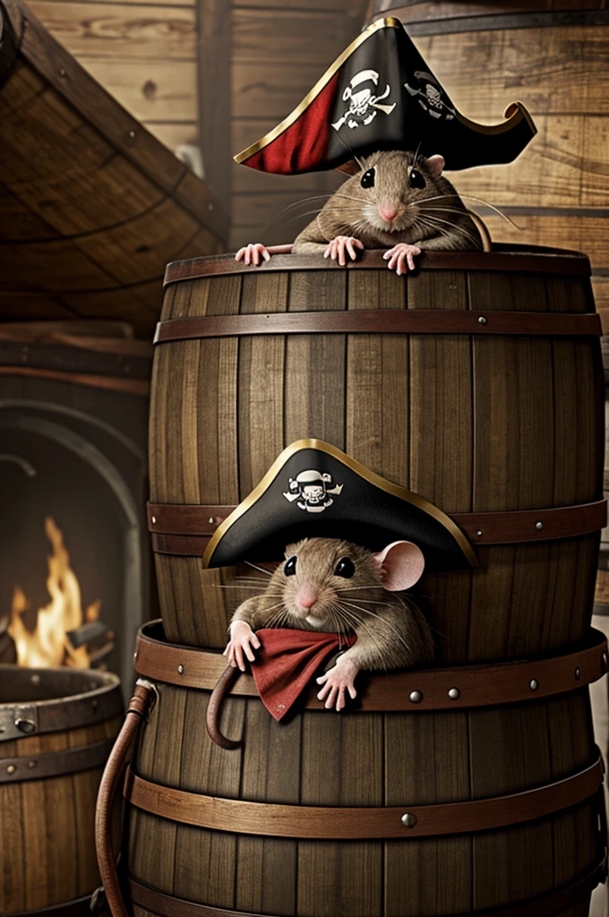 A mouse in a pirate hat sits on a barrel on a fabulous ship