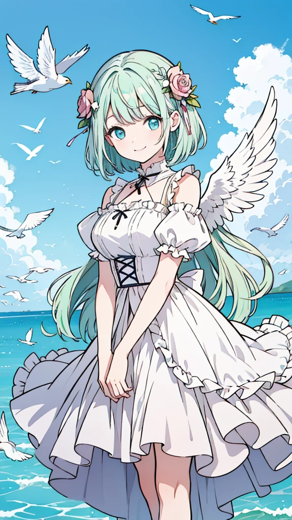 Highest quality、Highest quality、masterpiece、Detailed、4K、8K、One Woman、Angel、Angel、Wings on your back、Anime Style、Slender、Mint green hair color、Wavy Hair、Braid、blue eyes、Rose hair ornament、smile、Big Eyes、輝くようなgraceな顔立ち、White Dress、ribbon、Frills、Floral decoration、Precision、Fantasy、beautiful、beautiful、grace、A beautiful woman、smile、Dignified、The background is the sea、blue sky、White birds are flying around、White Dove、Perfect hands、Perfect Arms、Perfect Fingers、Perfect Anatomy、Cel painting style