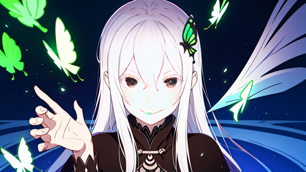 absurdres, highres, ultra detailed, echidna, brown eyes, medium breasts, butterfly hair ornament, (colored eyelashes:1.1), capelet, black dress, long sleeves, looking at viewer, evil smile, otherworldly hues, surreal landscapes, unseen light, ethereal glow, neon green glow, vibrant colors, ghostly effect, hand up, hello, open hand