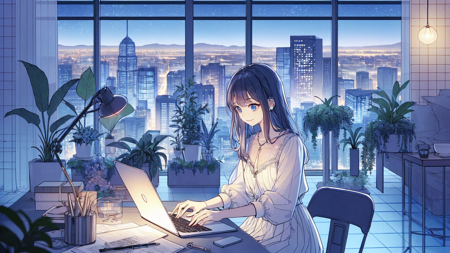 Highest quality, Highest quality, masterpiece, (8K), One woman, beautiful, Age 25, Navy blue long hair、Working、blue eyes、smile、blue necklace、Blue Earrings、background(Daytime)、Tie your hair with a checked ribbon、bracelet、