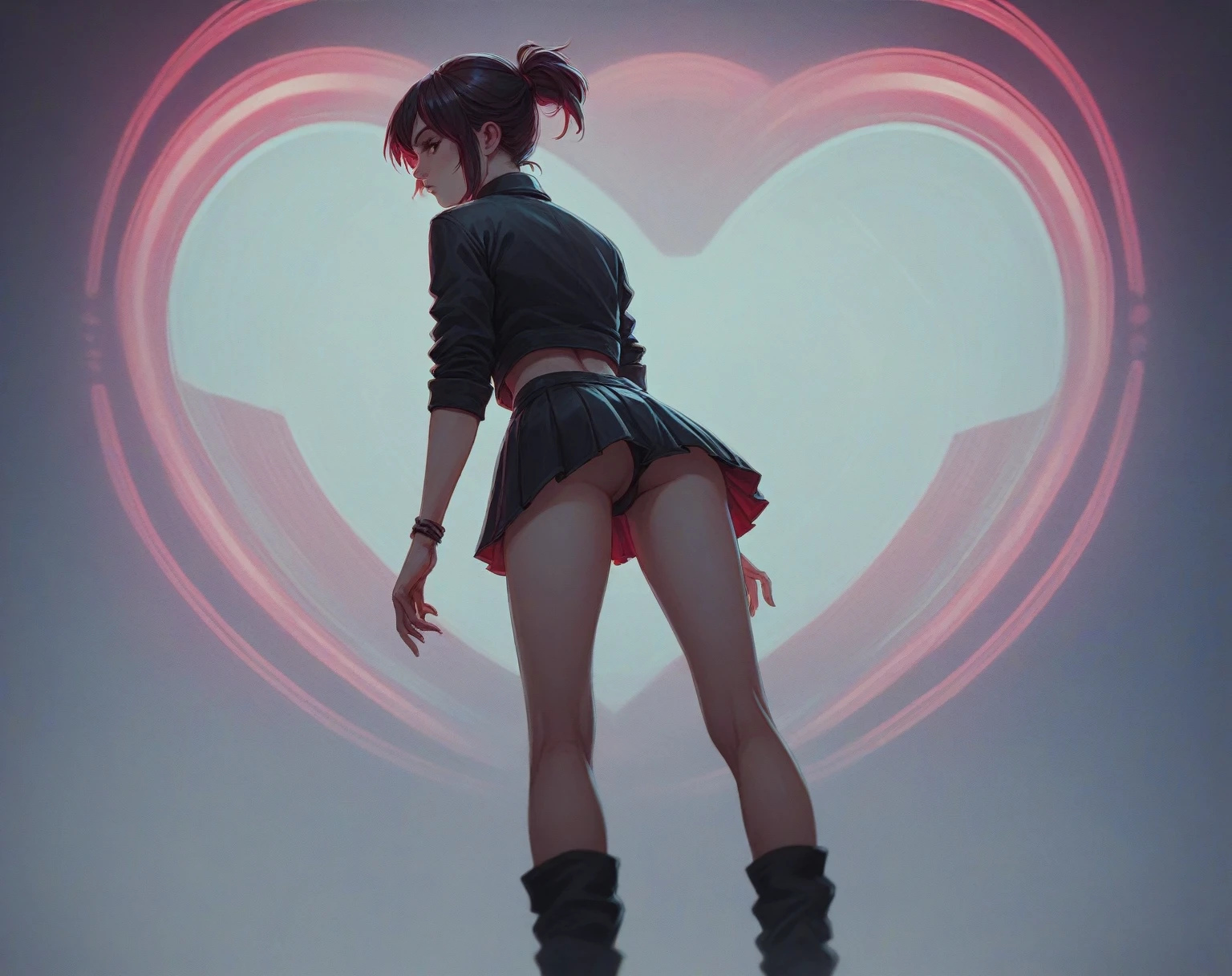 girl in a short skirt, one, волосы Twin-Tail, hair color red black, 3D wallpaper in high quality, neon space in the background.