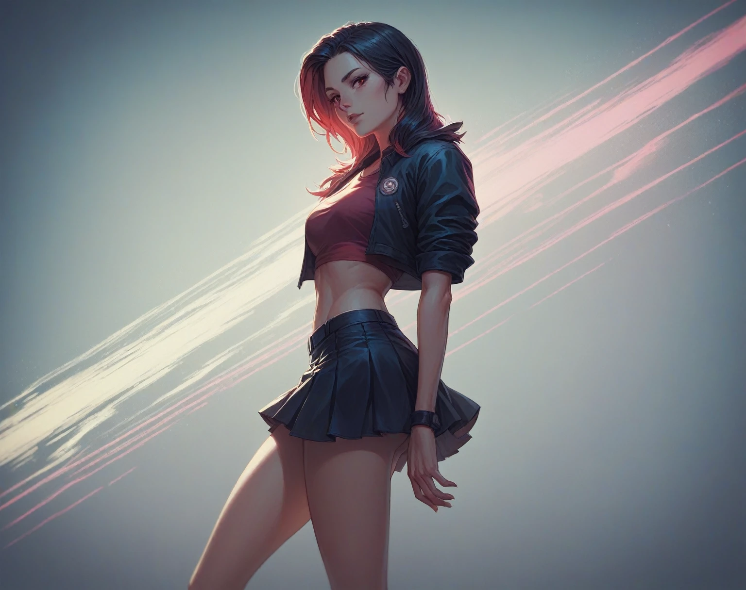 girl in a short skirt, one, волосы Twin-Tail, hair color red black, 3D wallpaper in high quality, neon space in the background.