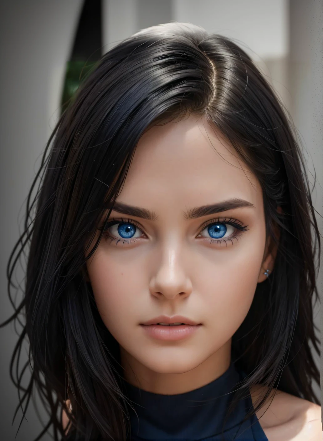 Beautiful face, blue eyes, black hair, hyper realistic, medium closeup