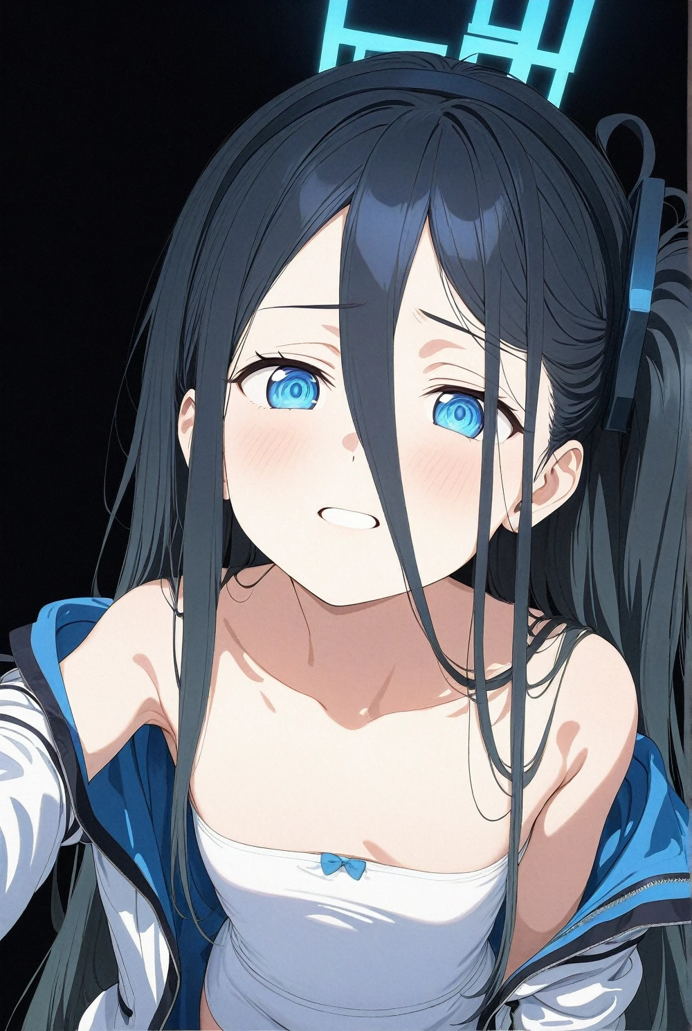 best quality, amazing quality, very aesthetic, absurdres, 1girl, aris (blue archive), blue archive, blue eyes, strapless, (artist official art:1.5), (realistic face), (narrowed eyes), (from above), (cowboy shot:1.3), (concept art), panties, (thigh), expressive eyes, perfect face, 4k, extremely detailed anime illustration, extremely detailed eyes, enhanced details, perfect anatomy, light rays, photo background, extremely delicate body, smooth skin, feminine expression, (black background), cristal clear eyes, beautiful face,