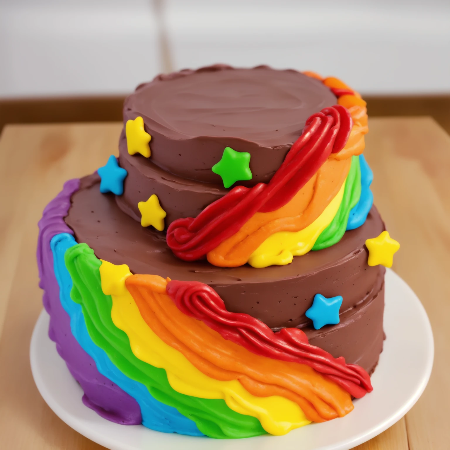 on a wooden table. there is a white plate. double tier chocolate cake ((chocolate cream texture, strokes of a pastry spatula)), rainbow cream in stitches, decorated with rainbow stars made of polymer clay, multi-colored cream on top ((cream highlights)), against the background of the kitchen, Beautiful light from the window, contour light, Multiple light sources, beautiful lighting, Bright light source, bright lighting, beautiful light sources, Multiple light sources, Realistic style , realistic texture, detailed texture, A high resolution, high quality, macro photography