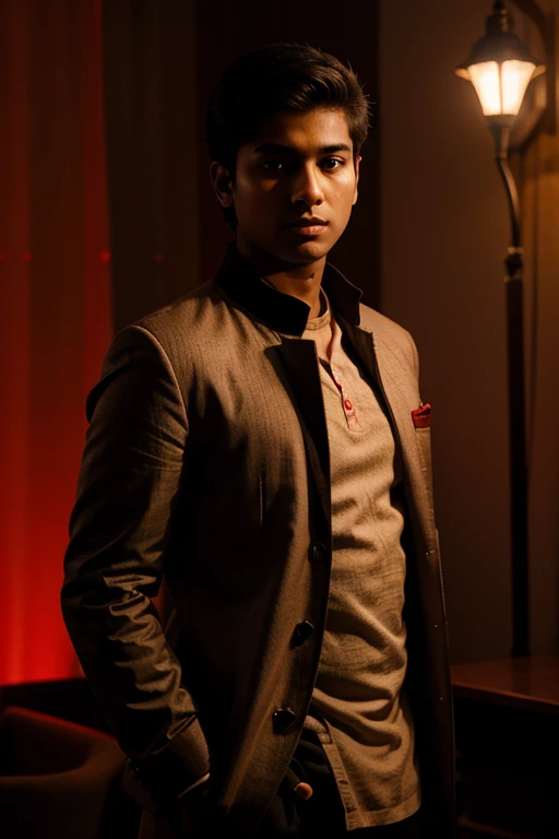 Job interview pic of a 19 year old indian boy narrow body in a graceful dressing coat red light in dark background