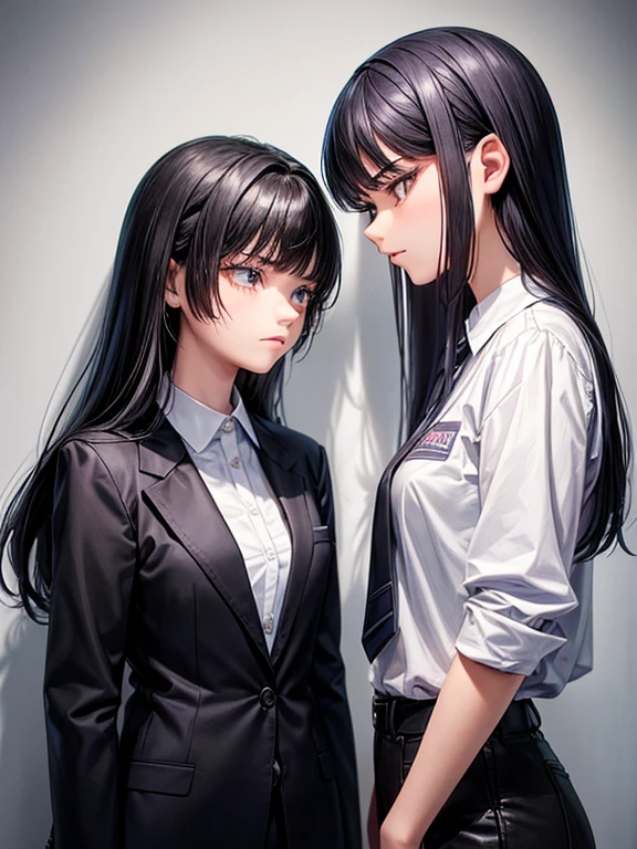 An 18-year-old girl and a 15-year-old girl,Black Hair,Blazer look,(They put their faces close together and glare at each other),Word of mouth?,(An 18-year-old female intimidates a 15-year-old female),School,Wall,Standing firmly facing each other,whole body,Side angle