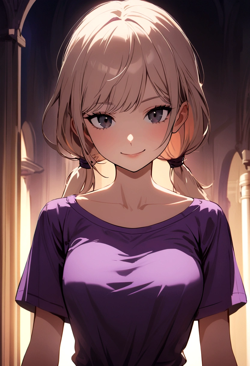 Girl with light apricot hair, hair tied in front of chest, no bangs, black eyes, gray glasses, purple t-shirt, sly smile