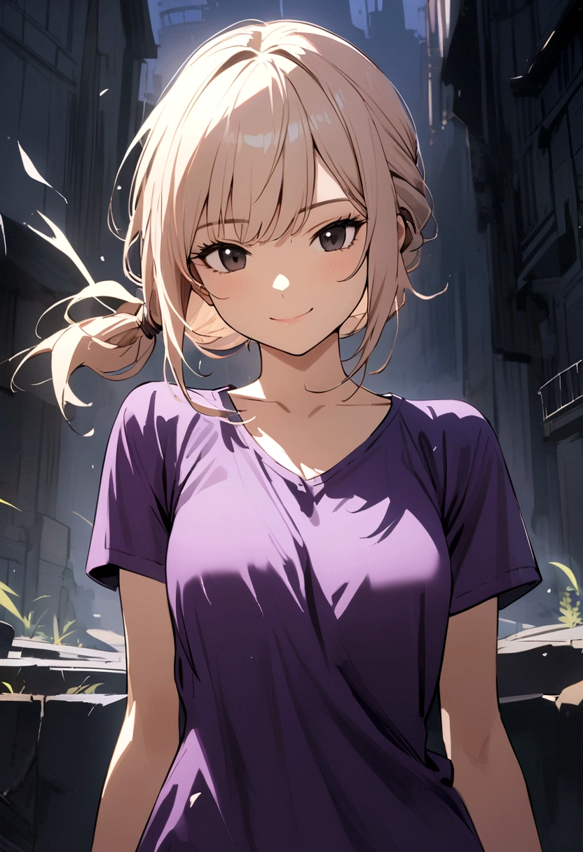Girl with light apricot hair, hair tied in front of chest, no bangs, black eyes, gray glasses, purple t-shirt, sly smile