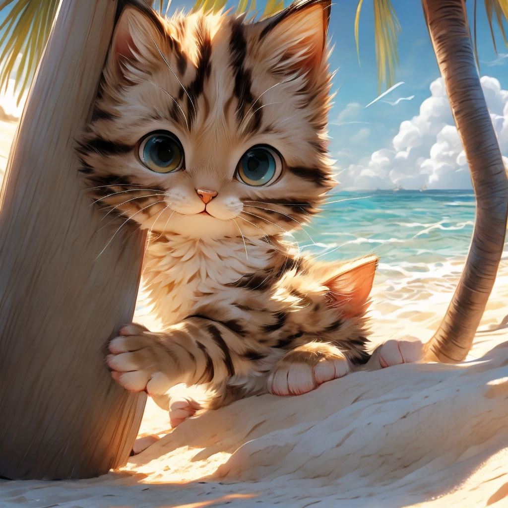 Brown tabby kitten、Ride along white sand beaches