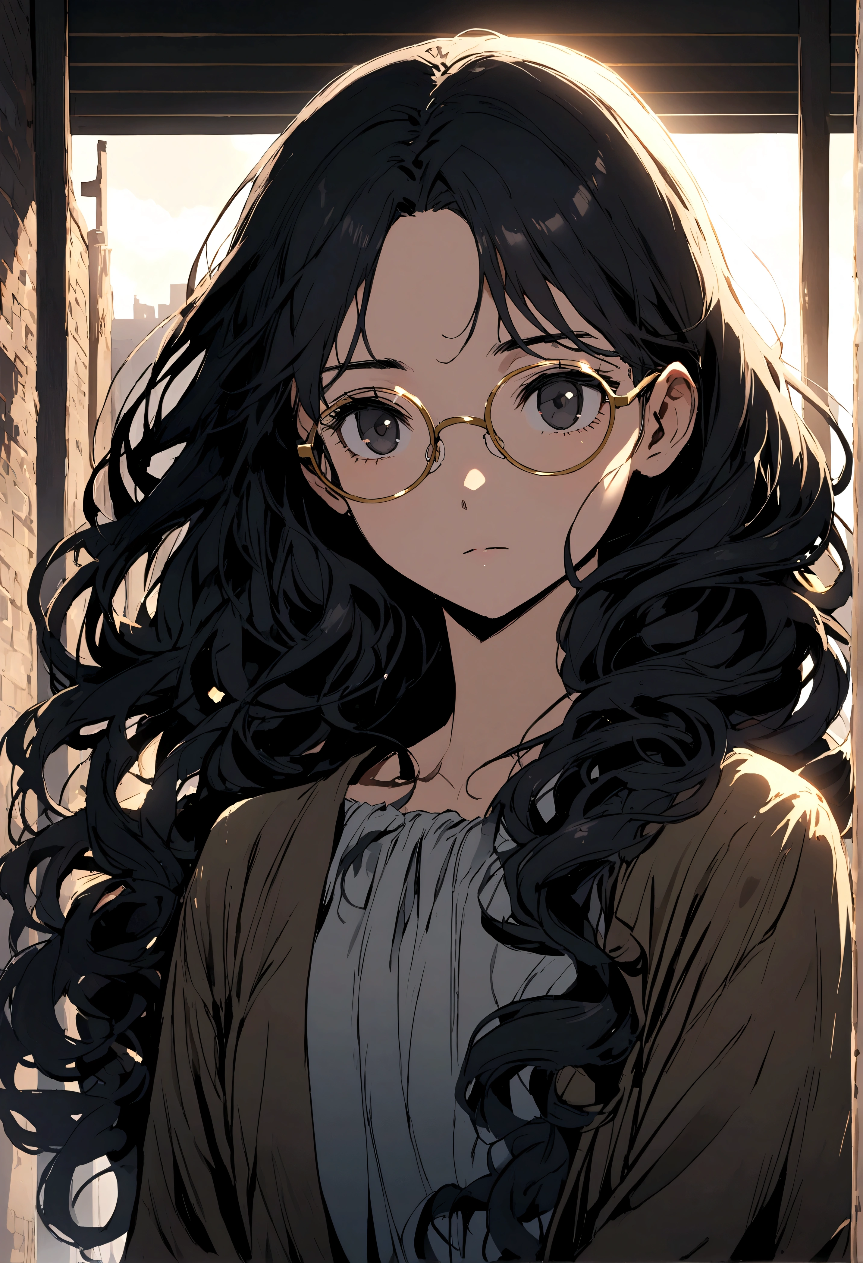 Black hair girl, Long curly hair, No bangs, Gold-rimmed glasses, black eyes, T 恤