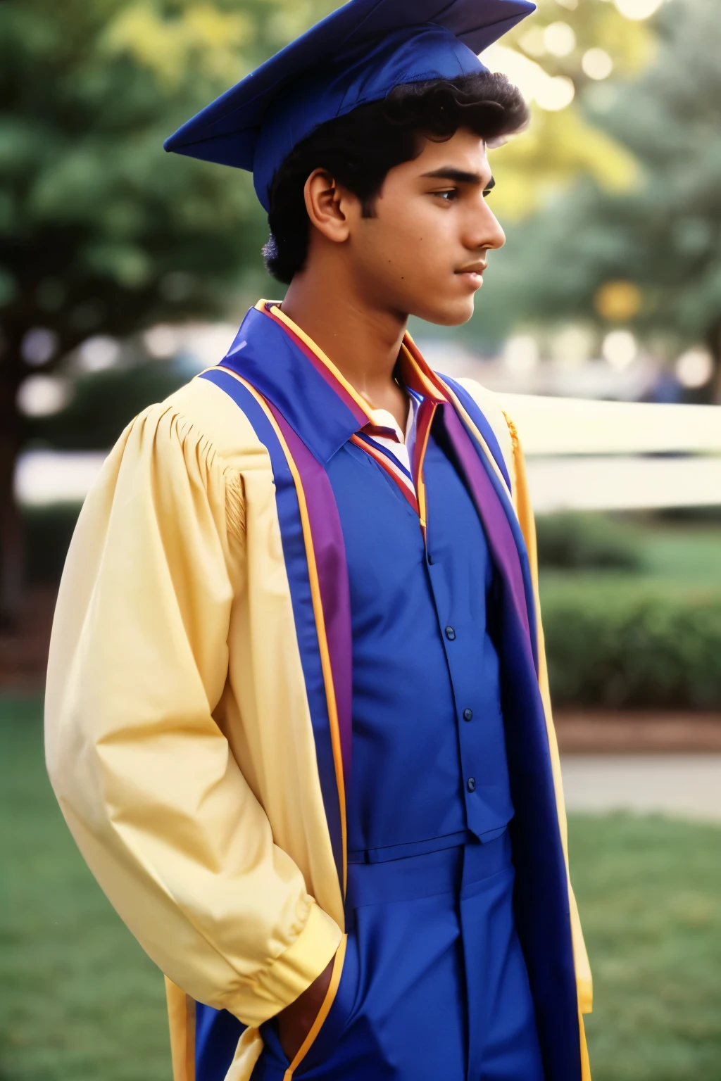 Fremont, California, 1981. profile view of A young ((((18-year-old)) Amir)), graduation outfit, cap and gown, ((((clothings from the 1980s)))), ((short hairstyle of the 1980s)), ((colorful))