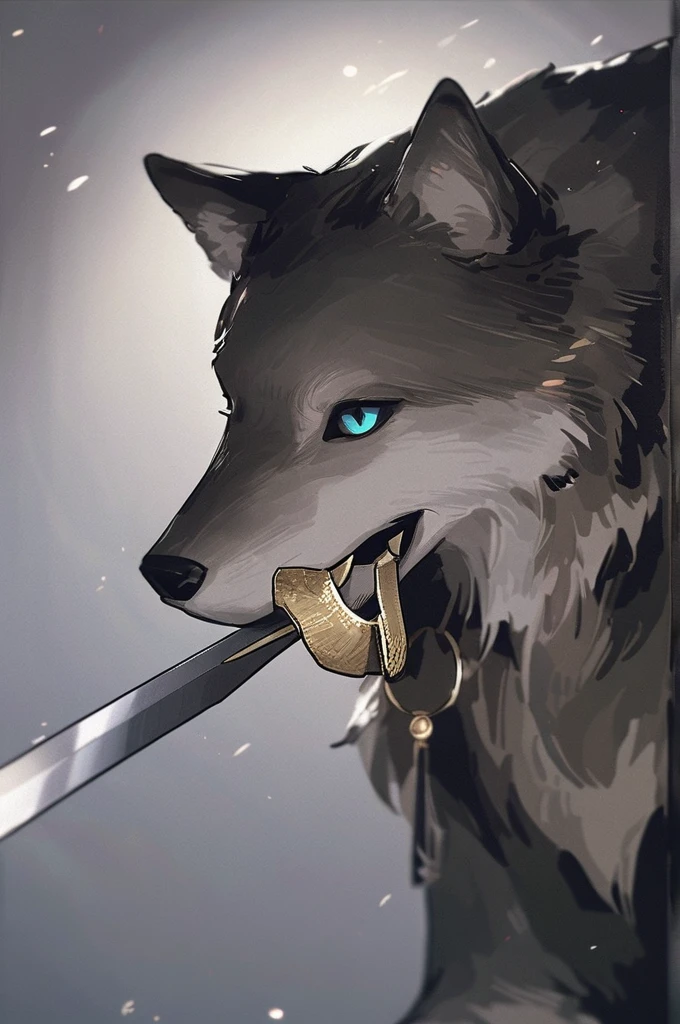 ((Лучшее качество)), ((шедевр)), (подробный), A wolf with a sword in its mouth