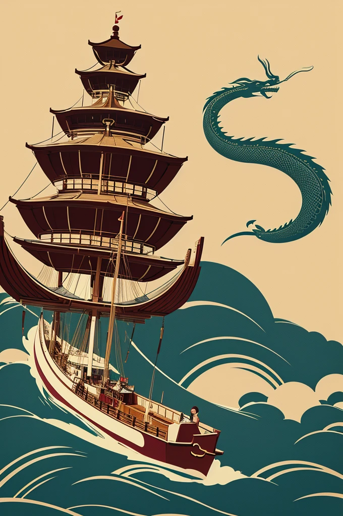 illustration，Retro Style，Chinese traditional style，Dragon ship