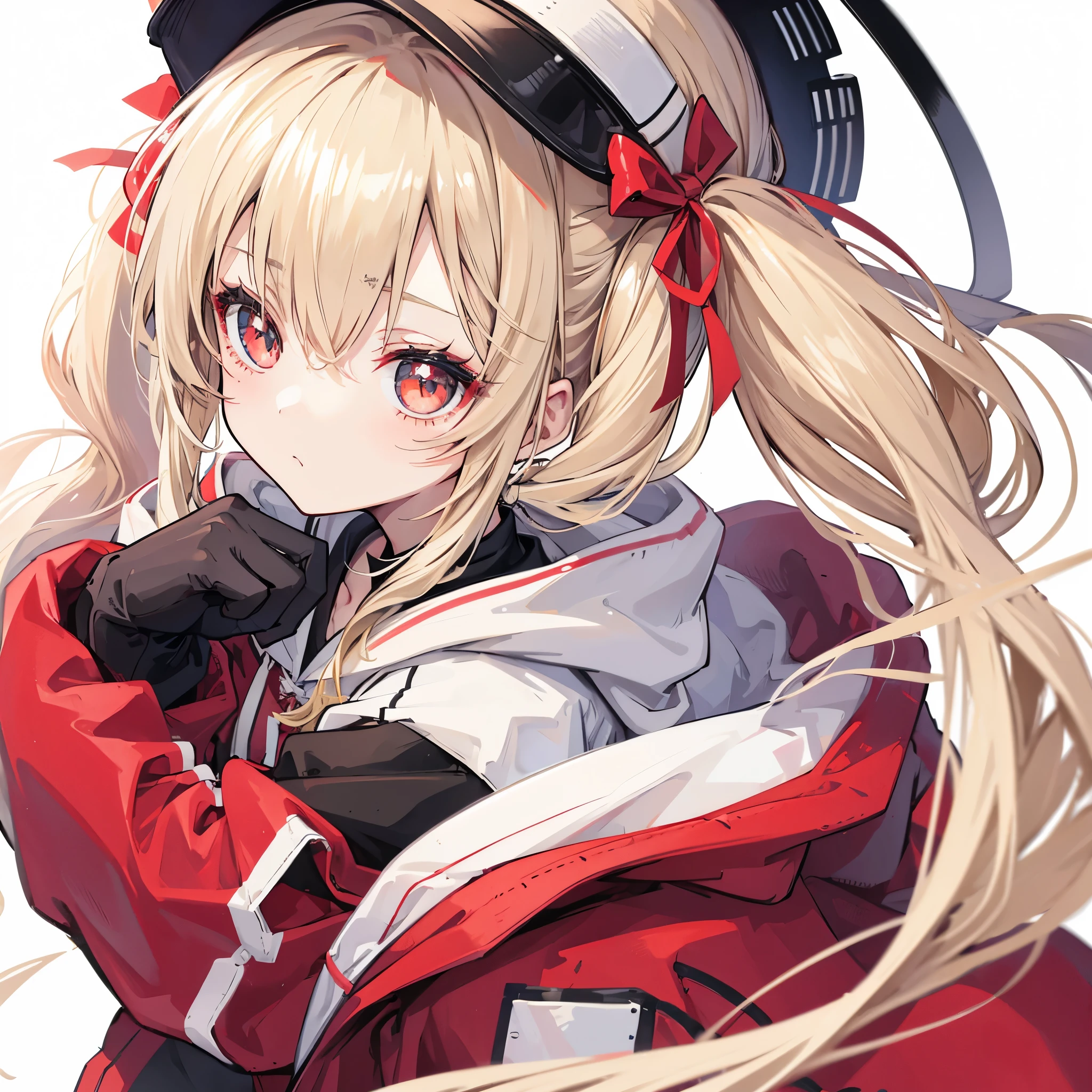 One girl in anime、Beige hair、Eye color red、Twin tails、Simple hair ribbon、Black large hoodie、Background white、Simple background、立ち絵