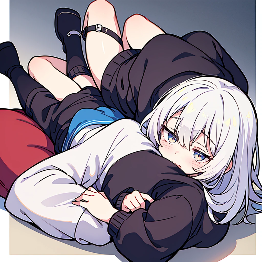 1 person、18-year-old boy、White Hair、Lying down、Modern clothing、Full body portrait、Embarrassed look、The smartphone screen is facing me、dark