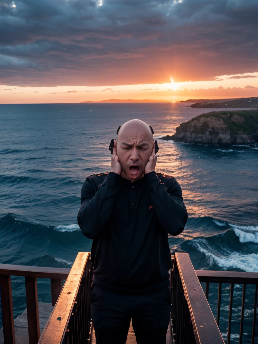 8K, photo, ultra realistic photo, foreground: 1 man, bald, dressed all in black, (puts his hands on his ears:1.8), (screaming:1.5), afraid, on a bridge over the sea, in-depth view of the bridge, under a blood-red sky,  background: two shadows in the distance, staggering against the railing of a bridge, bridge overlooking the sea roiling as if in spasm, dark blue mountains contrasting with the fiery red sky
