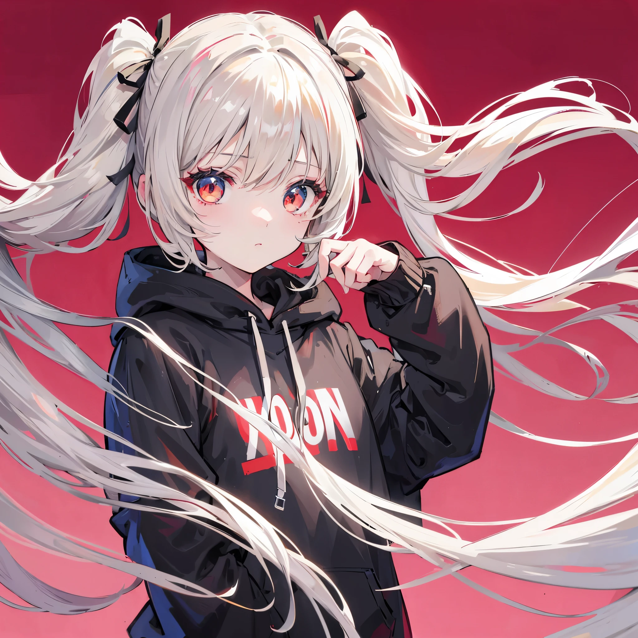 One girl in anime、beige hair、Eye color red、Twin tails、Simple hair ribbon、Black large hoodie、Background white、Simple background、whole body