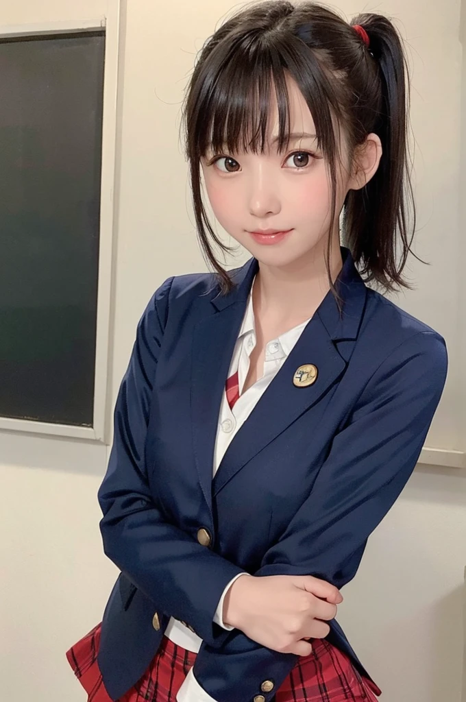One Girl、、teen,((unifoavy blue blazer、Red checked mini skirt)),((Background is a junior high schossroom))、higity、Very delicate and beautiful、((Very short bangs))、((Bangs))、Shiny, silky black hair、最high quality、Very delicate and beautiful、((ponytail))、Cute face、Young face、Cute like an idol、Are thin、Slim figure、slender、Short、 System、Thighs、Photographed from the front、bag、Are standing、The best smile、