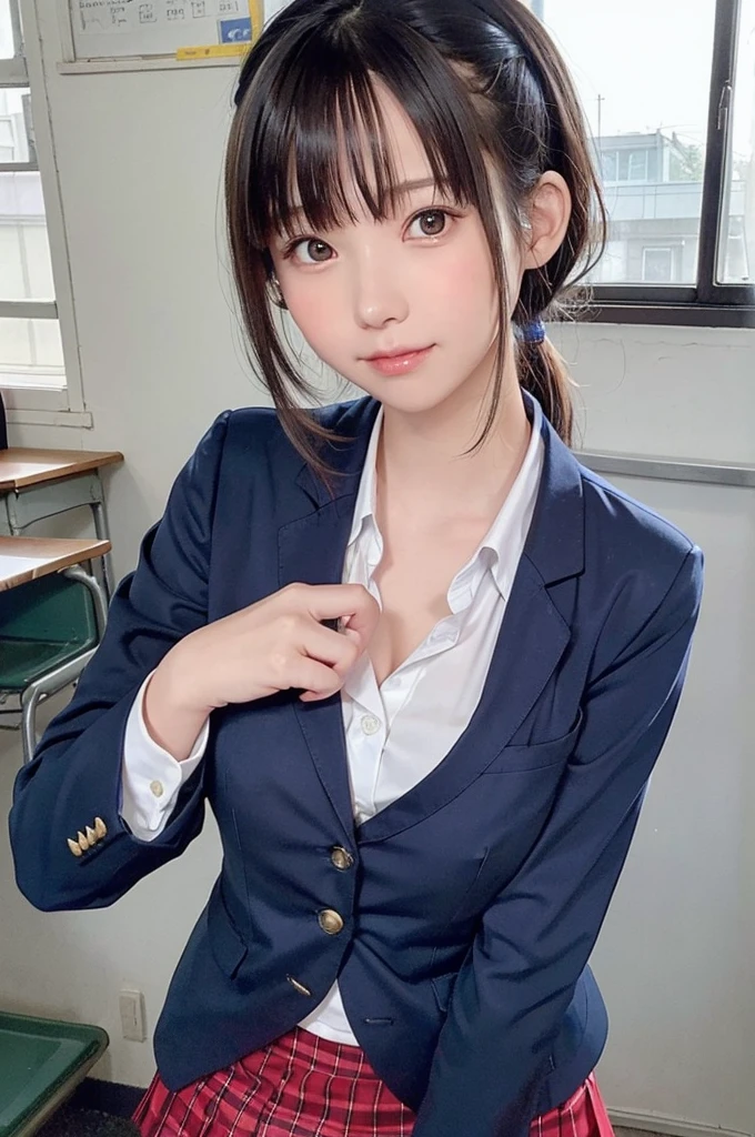 One Girl、14 years old、teen,((uniform、Navy blue blazer、Red checked mini skirt)),((Background is a junior high school classroom))、high quality、Very delicate and beautiful、((Very short bangs))、((Bangs))、Shiny, silky black hair、最high quality、Very delicate and beautiful、((ponytail))、Cute face、Young face、Cute like an idol、Are thin、Slim figure、slender、Short、 System、Thighs、Photographed from the front、bag、Are standing、The best smile、
