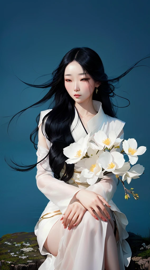 arafed woman with long black hair sitting on a rock with flowers, jingna zhang, beautiful south korean woman, fan bingbing, portrait of female korean idol, inspired by Sim Sa-jeong, digital art of an elegant, inspired by Yun Du-seo, by Tang Sin Yun Sandara, korean woman, korean artist, jinyoung shin art, inspired by Huang Ji