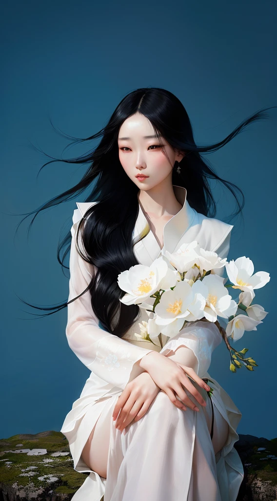 arafed woman with long black hair sitting on a rock with flowers, jingna zhang, beautiful south korean woman, fan bingbing, portrait of female korean idol, inspired by Sim Sa-jeong, digital art of an elegant, inspired by Yun Du-seo, by Tang Sin Yun Sandara, korean woman, korean artist, jinyoung shin art, inspired by Huang Ji