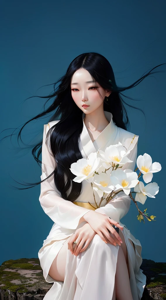 arafed woman with long black hair sitting on a rock with flowers, jingna zhang, beautiful south korean woman, fan bingbing, portrait of female korean idol, inspired by Sim Sa-jeong, digital art of an elegant, inspired by Yun Du-seo, by Tang Sin Yun Sandara, korean woman, korean artist, jinyoung shin art, inspired by Huang Ji