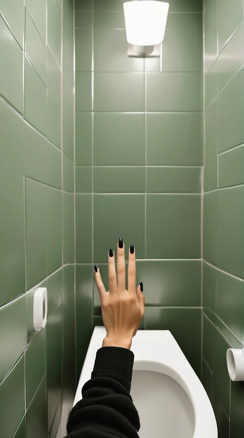 a green hand with long skinny fingers and black nails rising from a toilet in a typical restroom, photorealistic
