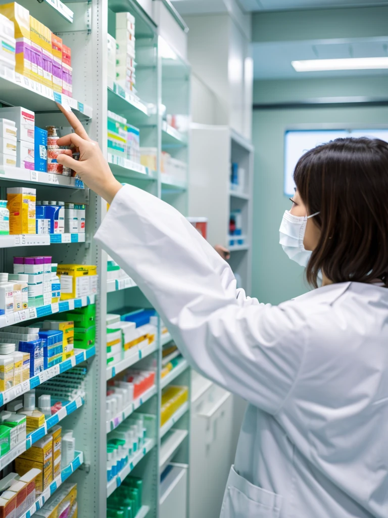 (Highest quality), (masterpiece), pharmacist, Dispensing, from back,