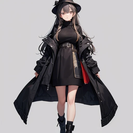 masterpiece,cute girl,long hair,black coat,full body,knit top,Dusty colors