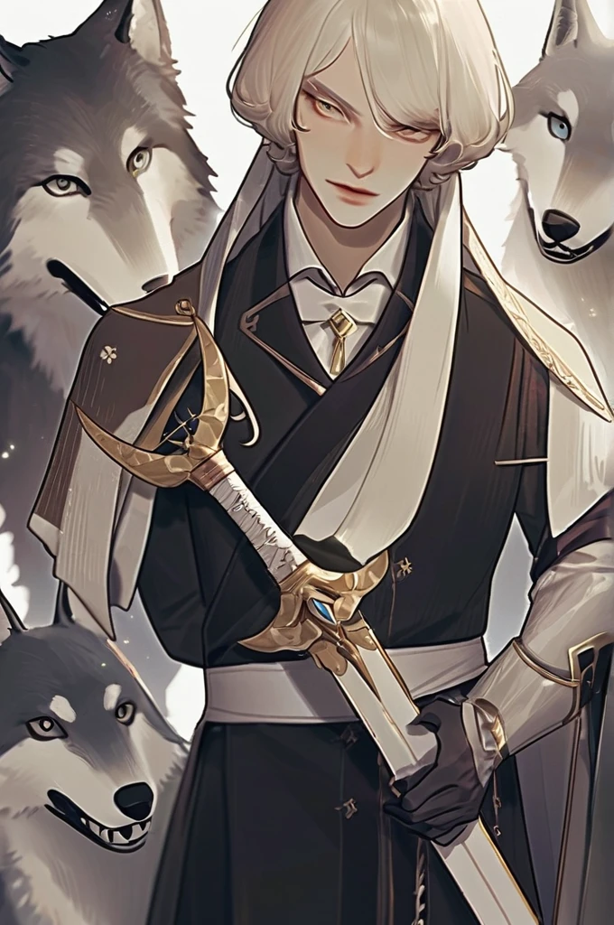 ((Лучшее качество)), ((шедевр)), (подробный), A wolf with a sword in his teeth