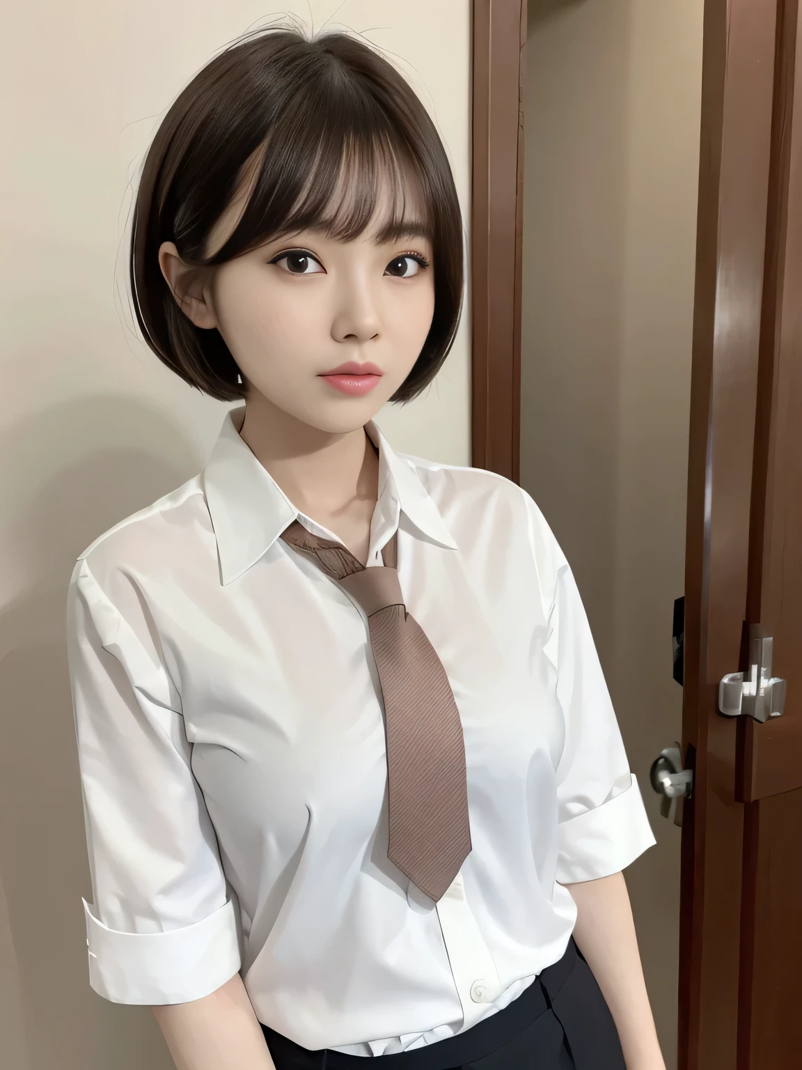 There is a woman wearing a tie and a white shirt., Short hair, Beautiful Korean Women, Korean Girls, San Yun-ju, Cute Korean Actresses, Gorgeous Young Korean Woman, Lee Ji-eun, Lee Ji-eun, Chen Xintong, Neat hairstyle with bangs, Short brown hair with bangs, Beautiful young Korean woman, Choi Hong-hwa