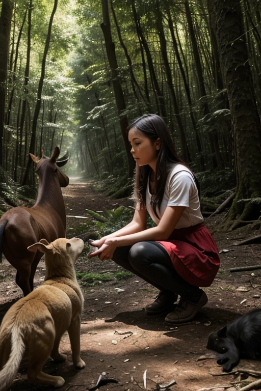 A poor girl is ministering among many animals in the forest