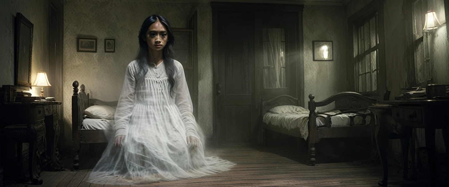 A young male Indonesian student, about 23 years old, sat frozen in fear on his bed in a dimly lit bedroom in an old colonial house at night. In front of the door stands the ghost of Maria, a frightening figure with long, messy hair, a pale and gaunt face, sunken eyes, and a tattered vintage white dress. Maria, beautiful in appearance and of Caucasian descent, has red paint flowing from her eyes. A room filled with eerie shadows, a gloomy, foggy and smoky atmosphere adds to the tense and scary atmosphere. (masterpiece, 8K, super realistic, full body, one shoot, super details, super focus, mystic, mysterious)