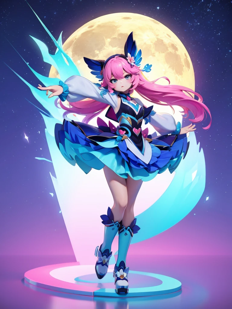 Seizo Watase style, Simple Line Initialism，Abstract art, 3d character, colorful hearts ,(((The most beautiful girl of all time))),  (full body 1.2), only girl, long hair, bufferfly and sky background, 25 year old, full body, (((8k))), (((3d)), blue and pink hair,   moon, dancing in ice
